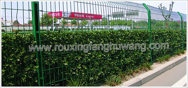种植着常年青的绿化带边上的焊接公路护栏网