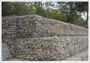 种植着各种树木的山坡的边坡用石笼网箱砌成